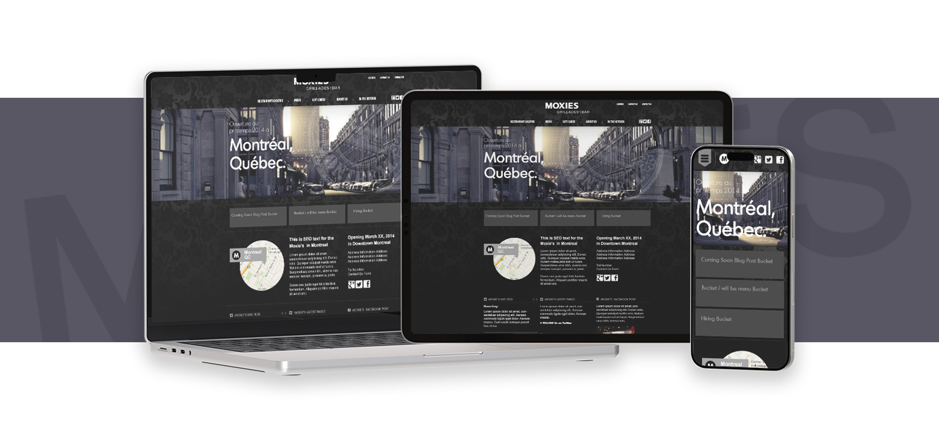 The Moxies Quebec website, specifically on the "contact us page" on three different devices, placed side by side. The devices are laptop, desktop, and mobile.
