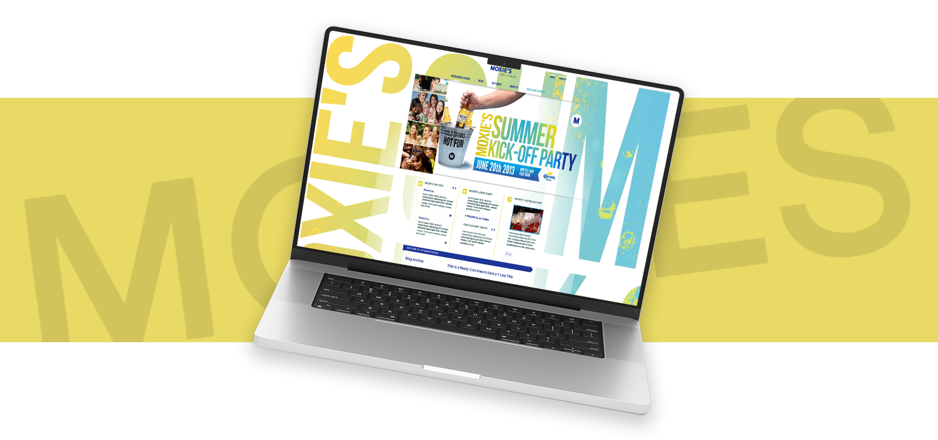 Mockup of Moxie's summer kick-off party webpage on a laptop, with a yellow strip behind the laptop that just says "Moxies"
