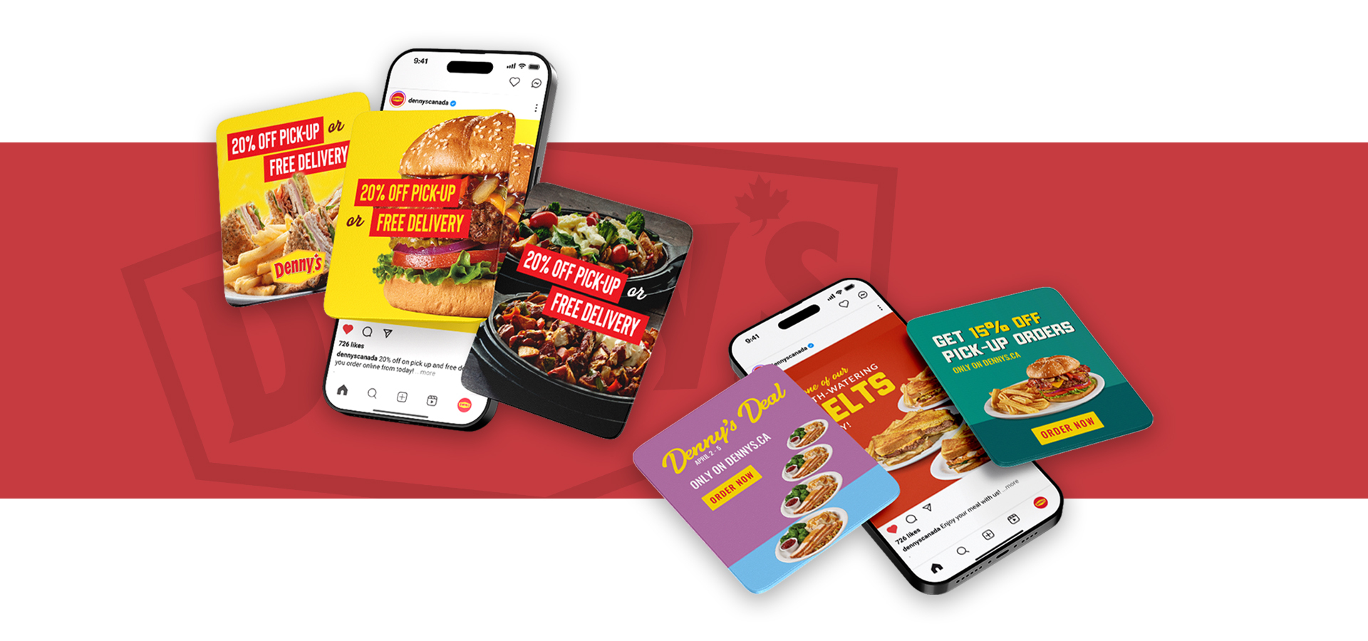 Phone mocks of social media ads for Denny's, focusing on the current menu. Some images show burgers, while others show skillets